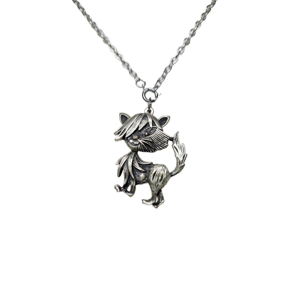 Vintage Pewter Mid Century Cat Necklace, 18" Long